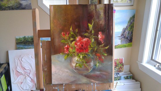 Wild roses, original, one of a kind, oil on canvas still life (16×20")