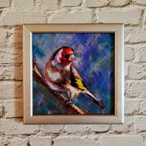 Small ready to hang painting of goldfinch by Anastasia Art Line