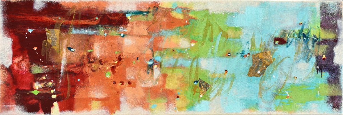 All Our Colors - Abstract Art - 36 x 12 IN / 91 x 30 CM - Abstract Painting on Canvas, Rea... by Cynthia Ligeros