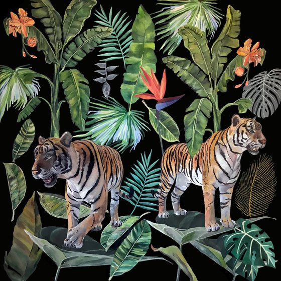 Jungle Heart Beat  - Two Tigers - Art-Deco - Organic Floral, XL LARGE PAINTING