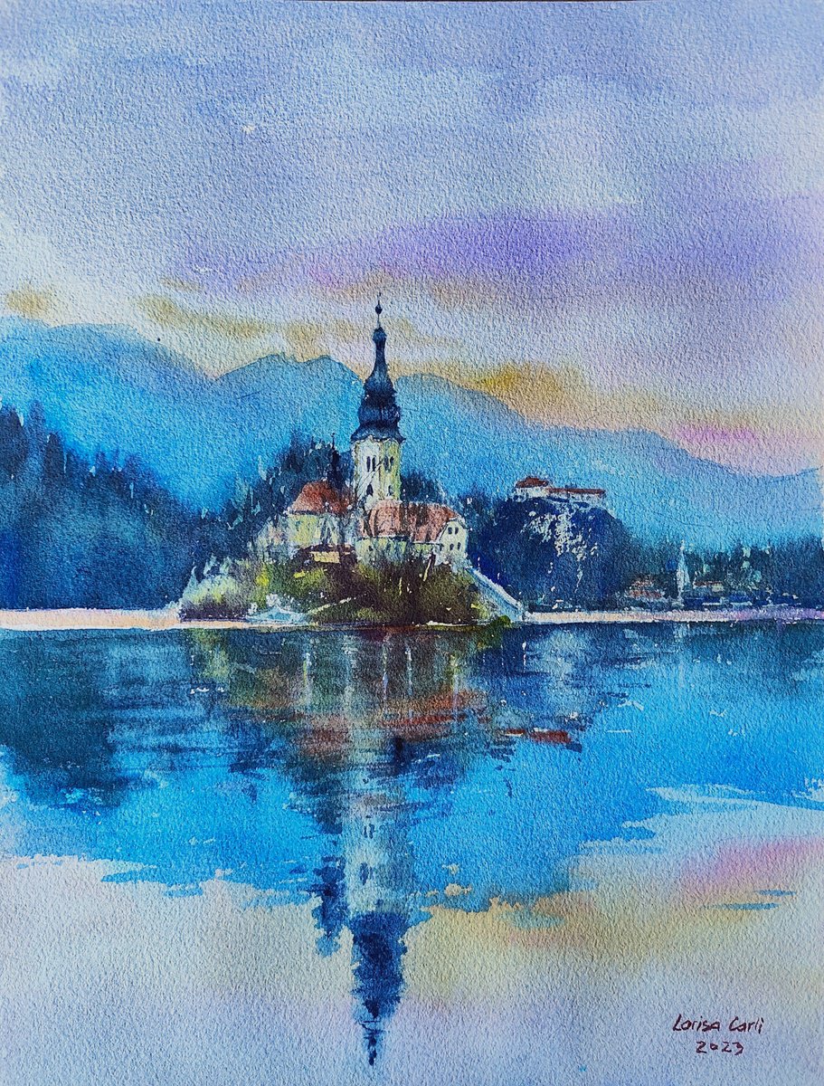 Bled lake in winter | Original Slovenia Watercolor painting (2023) Hand-painted Art Small... by Larisa Carli