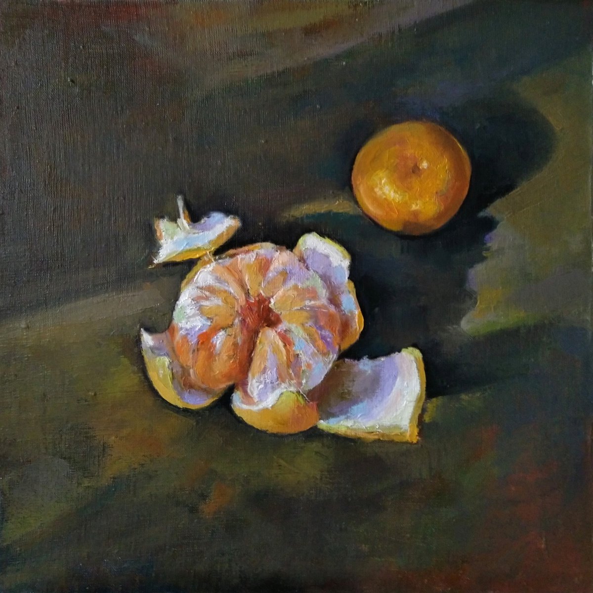 Impressionistic Still Life Oil Painting By Kamsar Ohanyan, 16 X 16", Still Life - Mandarin, Original Artwork