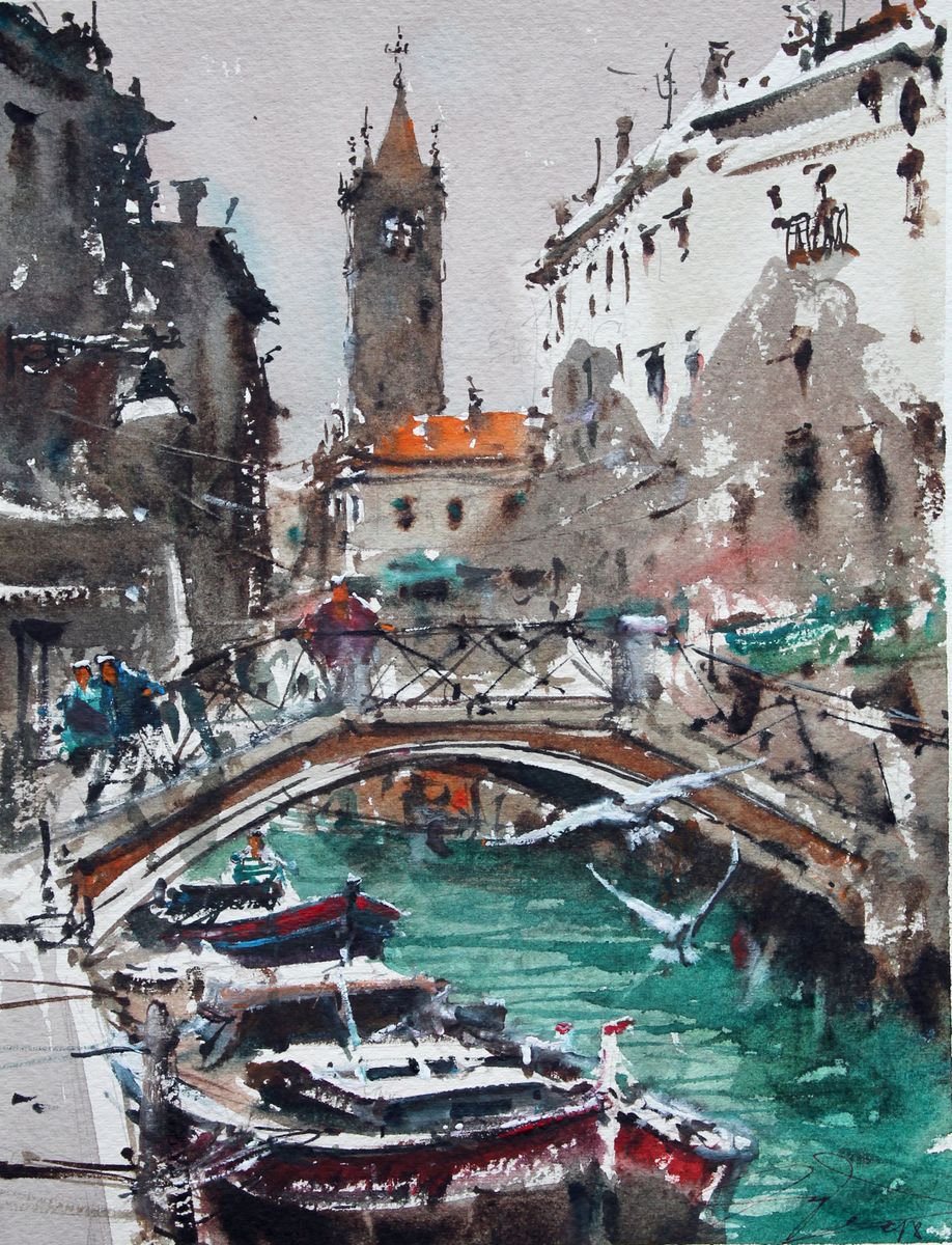 Impressionistic Landscape Watercolour By Maximo Damico, 8 X 11", Venice Towers And Bridges, Original Artwork