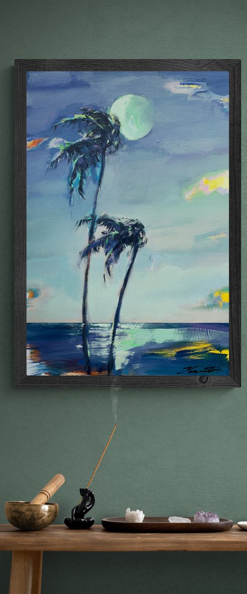 Delicate painting - "Green moon" - Pop Art - palms and sea - night seascape - 2022 by Yaroslav Yasenev