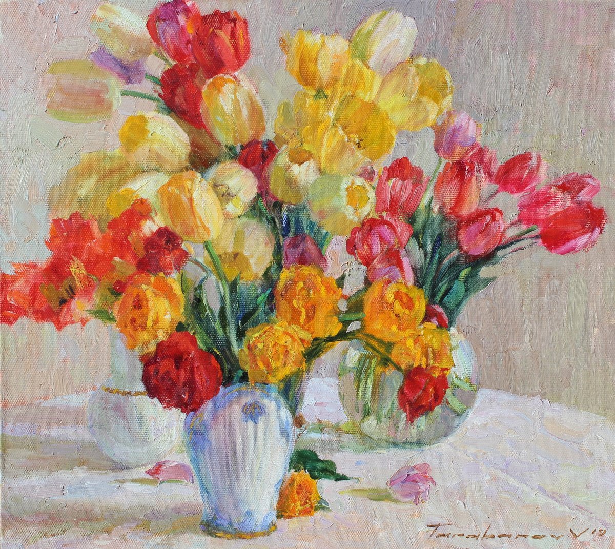 Impressionistic Botanical Oil Painting By Volodymyr Tarabanov, 20 X 18", Tulips, Original Artwork