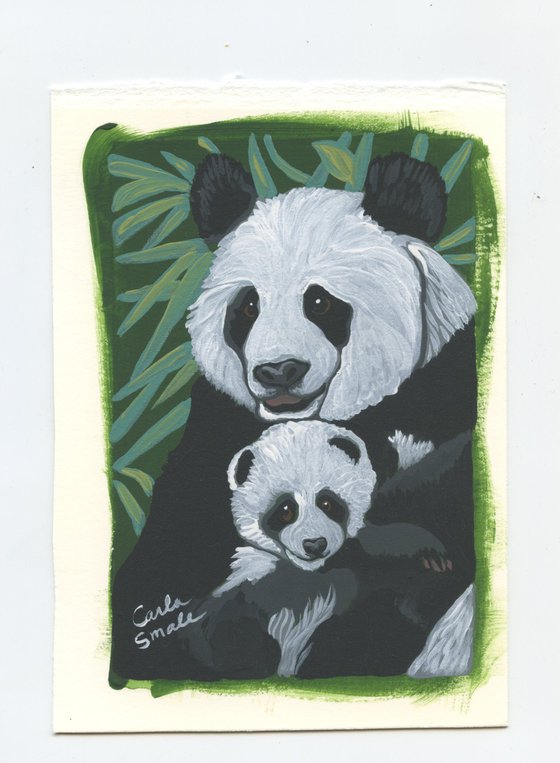 Original Miniature Painting Panda Bear Mom and Cub Wildlife Art-Carla Smale