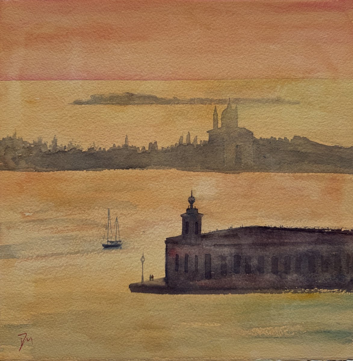 Impressionistic Cityscapes Watercolour By Shelly Du, 12 X 12", Venice Sunset, Original Artwork