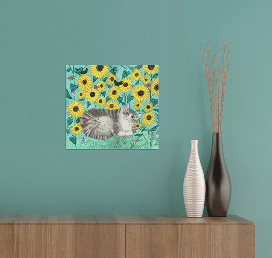 Tabby with Sunflowers
