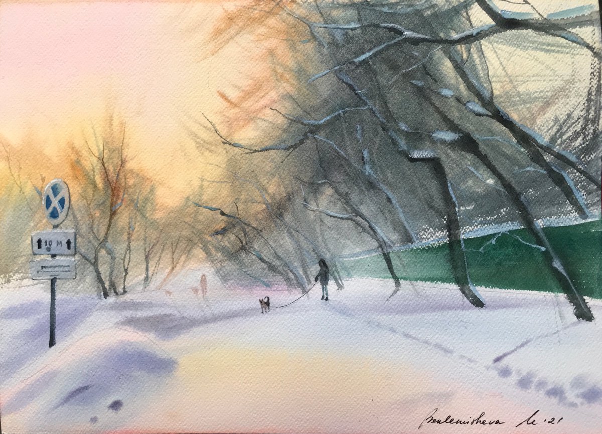 Winter walk. Nice winter scene with people and dogs. by Maria Beklemisheva