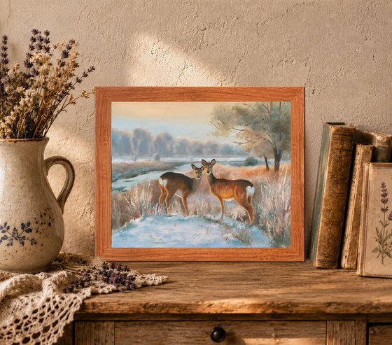 Snowy landscape with deer