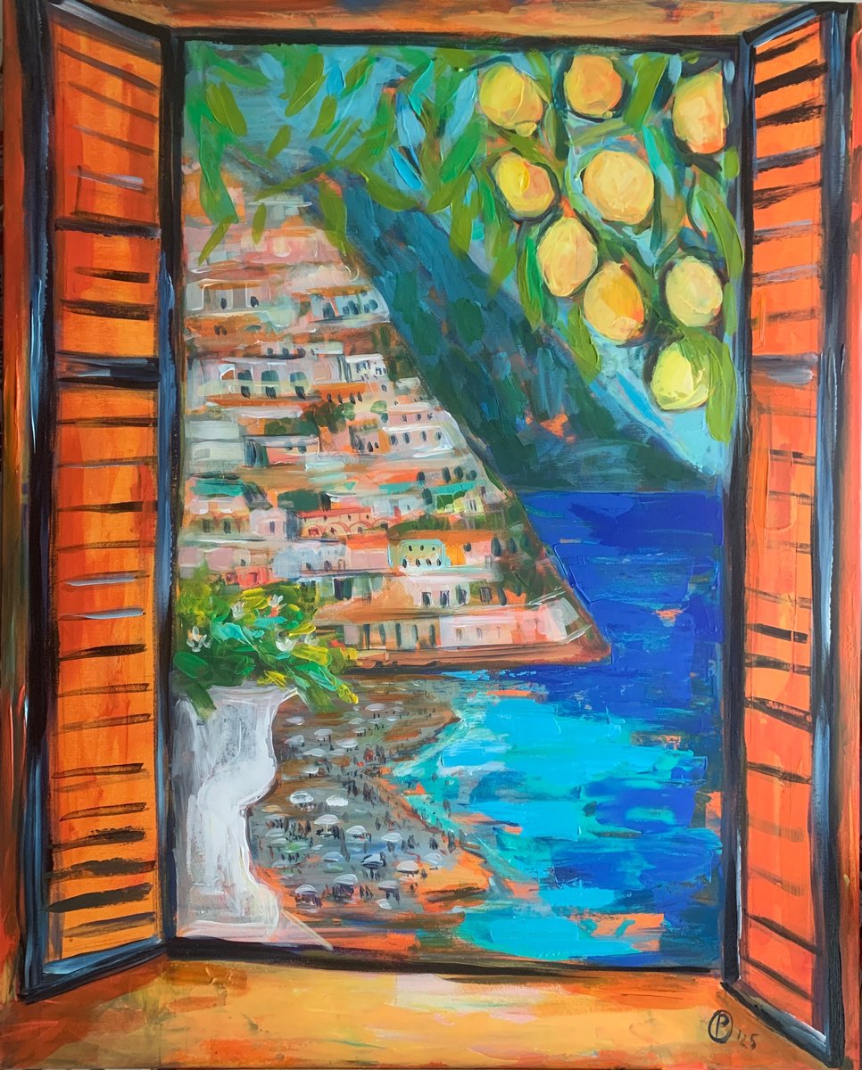 Impressionistic Landscape Acrylic Painting By Olga Pascari, 31 X 39", Italy In My Window, Original Artwork