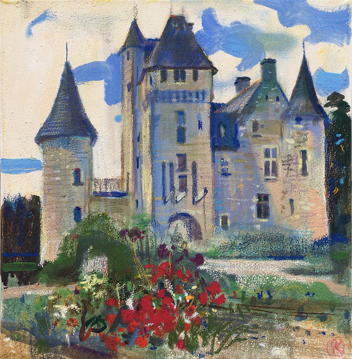 Impressionistic Landscape Acrylic Painting By Olga Kataeva-Rochford, 16 X 16", Rivau Castle. Rose Garden, Original Artwork