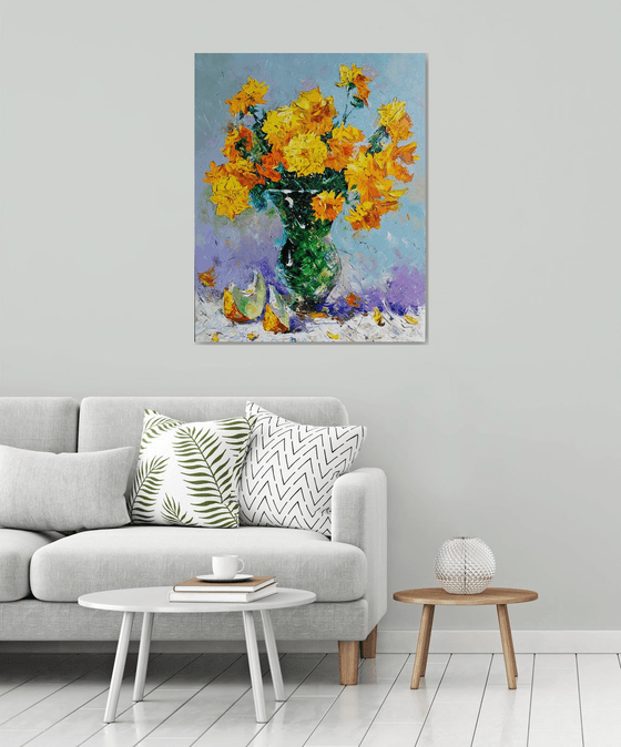 Still life - Yellow flowers (100x80cm, oil painting, palette knife)