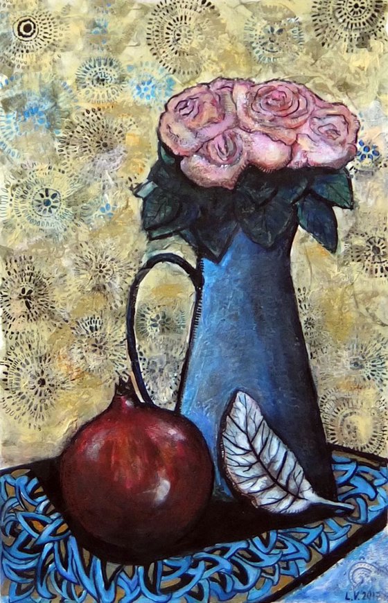 vase with roses and a pomegranate