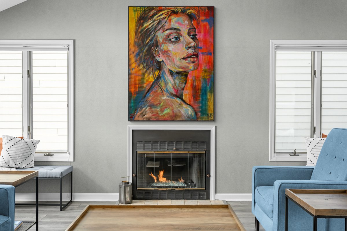 Expressive Portrait Acrylic Painting By Maria Kireev, 35 X 47", Rita, Original Artwork