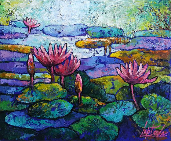 Painting Pink lilies in the pond, landscape