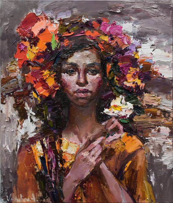 Woman with flowers - Original oil female portrait painting