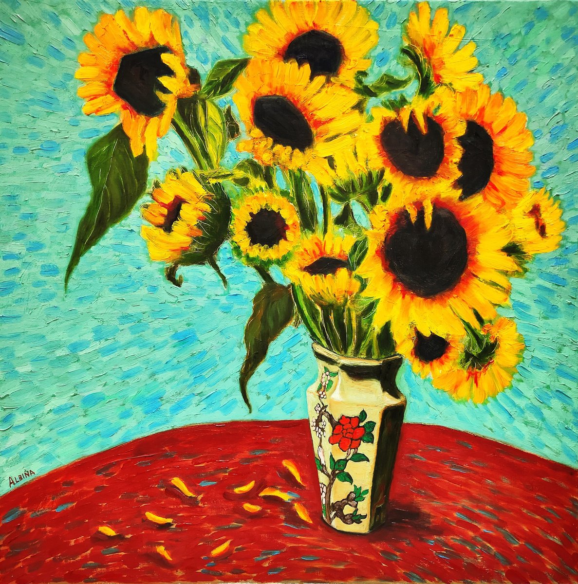 Impressionistic Still Life Oil Painting By Albina Urbanek, 24 X 24, In A Japanese Vase, Original Artwork