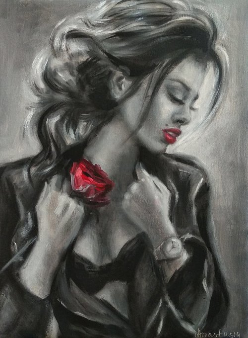 Sexy Woman Portrait Black and White Beautiful Lady with Red rose by Anastasia Art Line