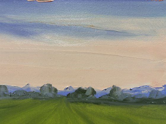 Sunset over the field. Plein air