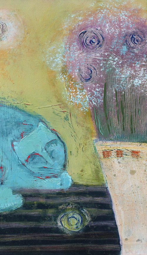 Flowers and blue cat. by Tatjana Auschew