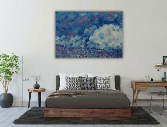 CLOUDS IN HIMALAYAS - large original impressionistic painting, blue sky landscape, skyscape cloudscape