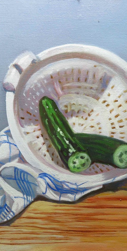 Cucumber and Colander, Still life, Original Oil Painting by Anne Zamo by Anne Zamo