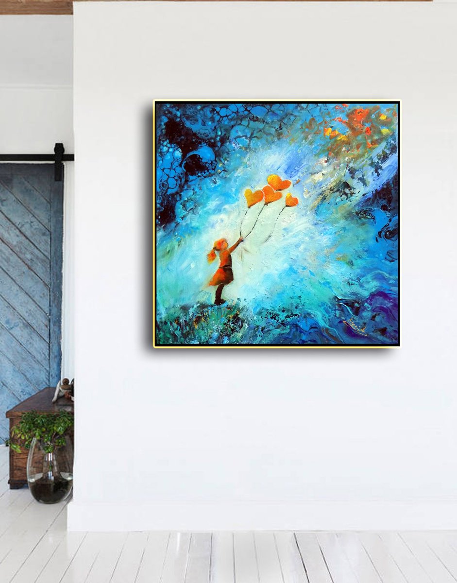 Expressive Portrait Acrylic Painting By Areti Ampi, 20 X 20, A Child Dreams, Original Artwork