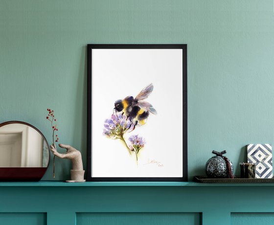 Bumblebee on Flowers Watercolor Painting