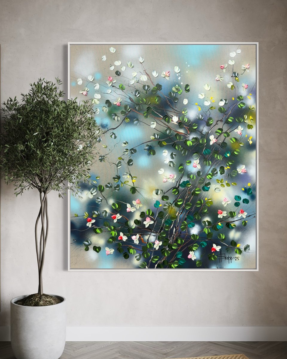 Expressive Botanical Acrylic Painting By Anastassia Skopp, 39 X 47, Rose Bush Ii, Original Artwork