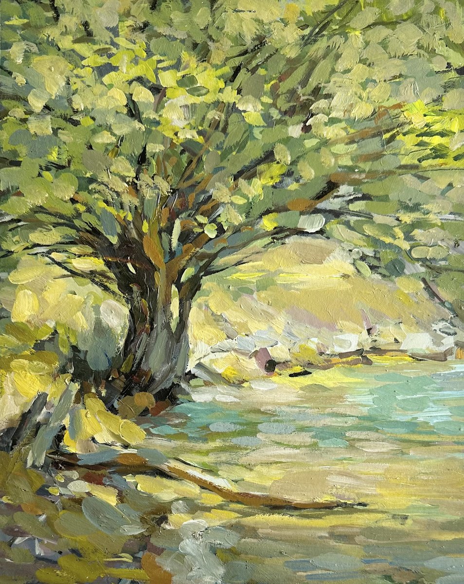 Impressionistic Landscape Oil Painting By Olha Retunska, 8 X 10", Tree On Kalamalka, Original Artwork