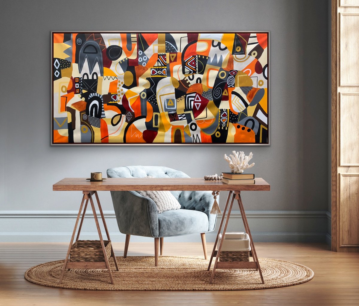 Organic Abstract Acrylic Painting By Rashna Hackett, 72 X 37", Written Words, Original Artwork