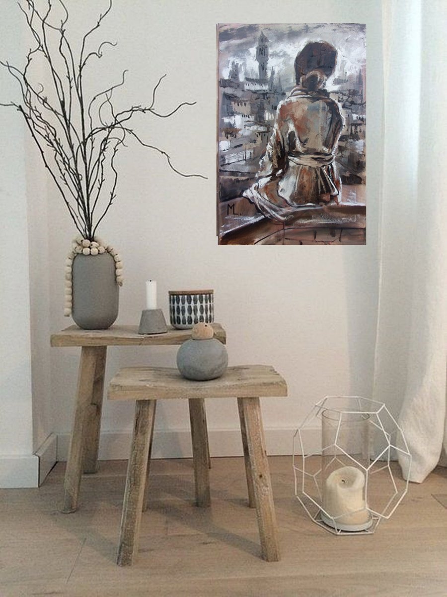 Expressive Portrait Oil Painting By Monika Luniak, 16 X 24", " My City ... ", Original Artwork