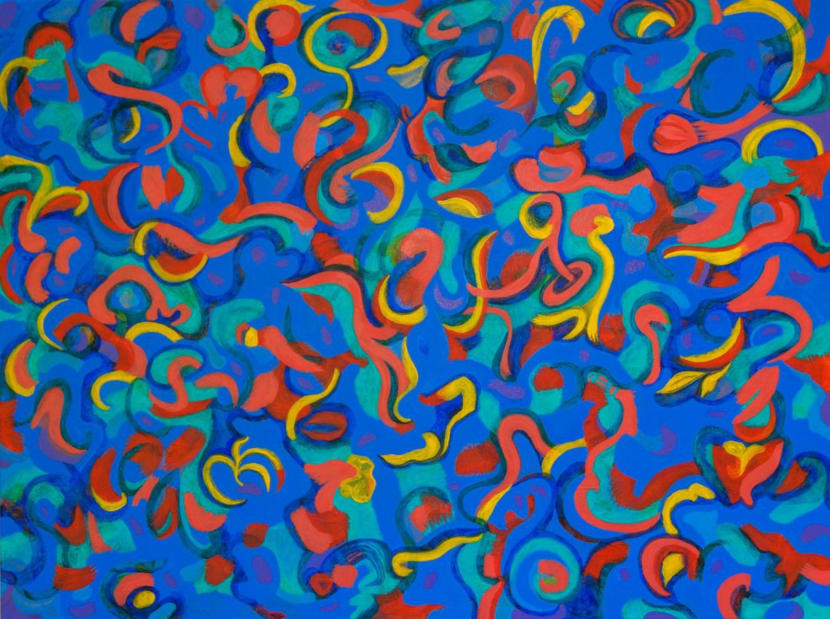 Organic Abstract Acrylic Painting By Josephine Window, 48 X 36", Dance The Street Blue, Original Artwork