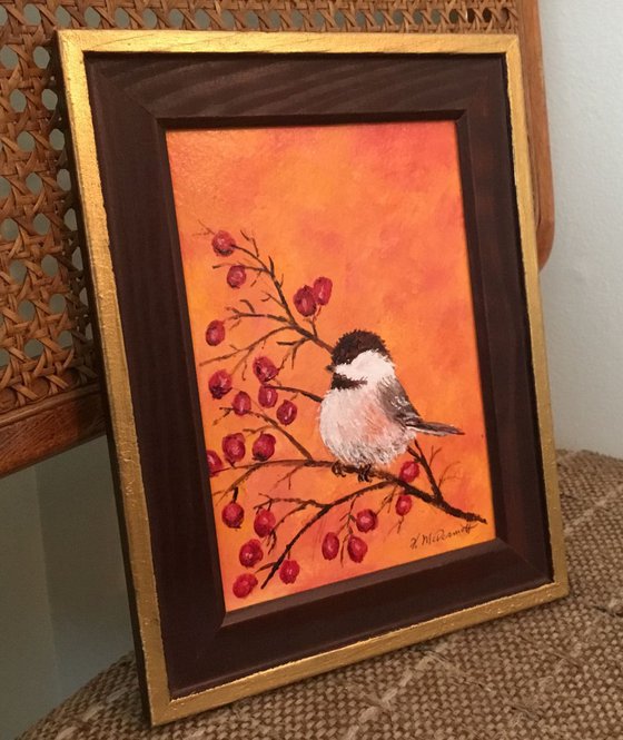 Orange Chickadee - original framed 5X7 inch acrylic painting