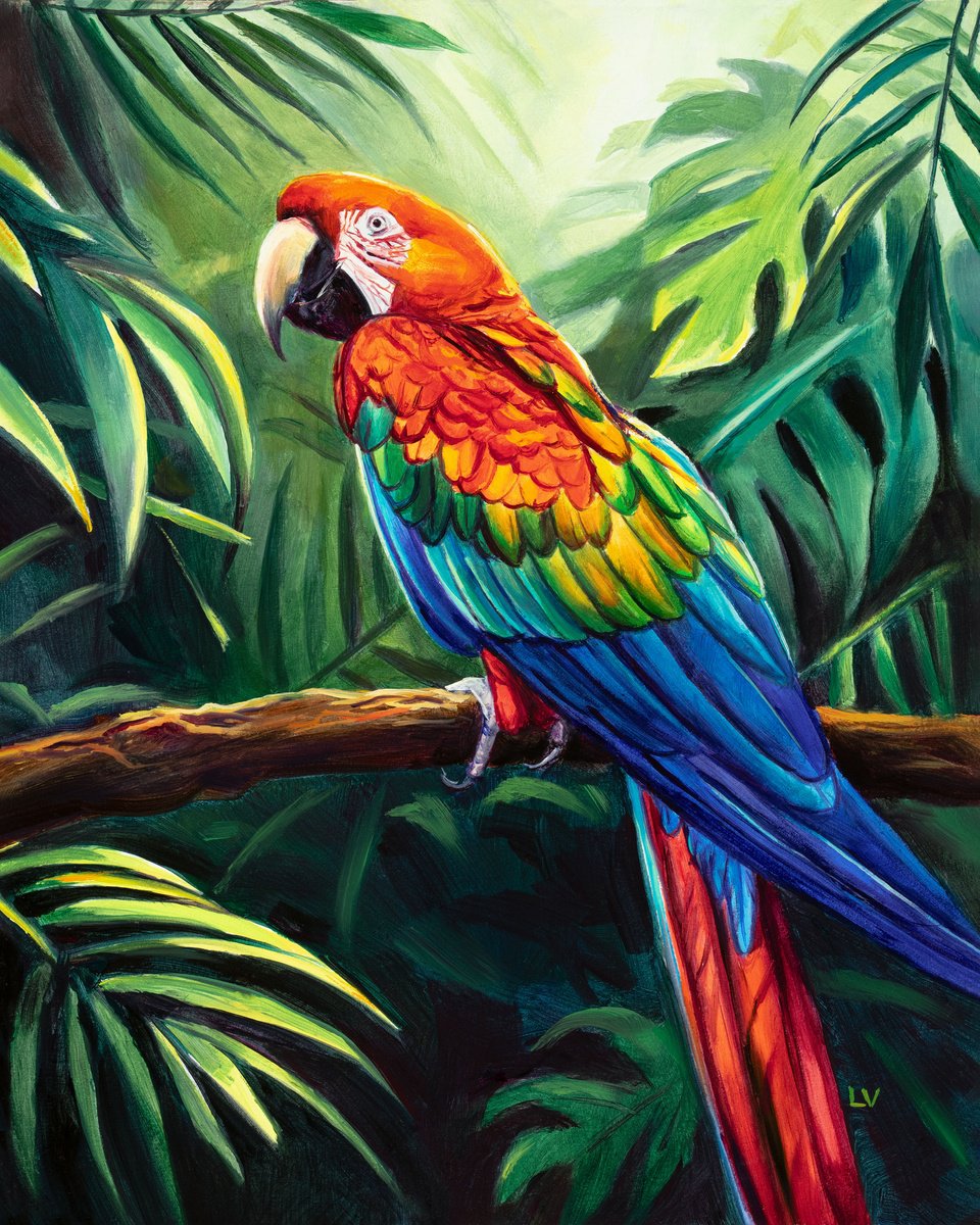 Scarlet macaw in the jungle by Lucia Verdejo