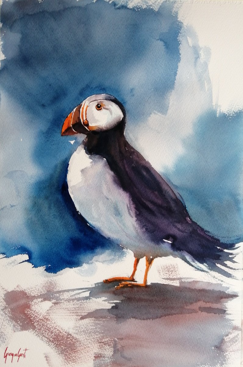 Impressionistic Watercolour , Puffin 2 By Giorgio Gosti, 14 X 21, Artwork For Sale On Artfinder