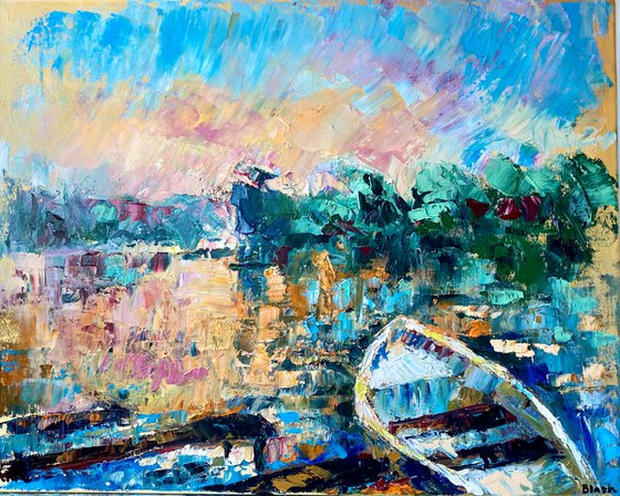 Boat - A way to remember, 35*45cm, impressionistic sunset oil painting with a texture