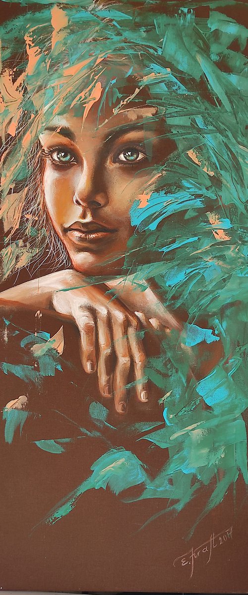 "Green eyes",Original acryl painting on a hand-stretched fabric 45x95 x2cm by Elena Kraft