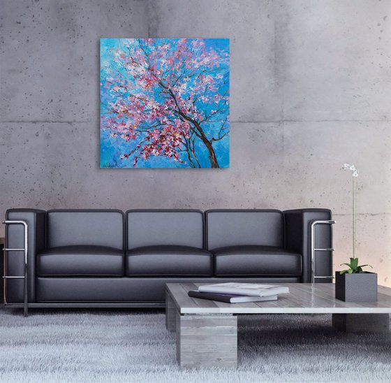 Flowering peach tree Original oil painting FREE SHIPPING