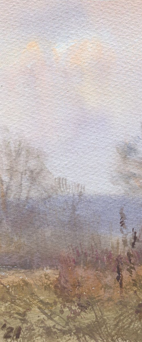 Smoky November / Fall landscape Original watercolor Plein air art work Calming painting by Olha Malko