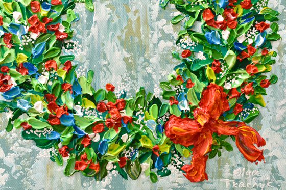 Christmas Wreath - Acrylic Palette Knife Painting, Holiday Décor