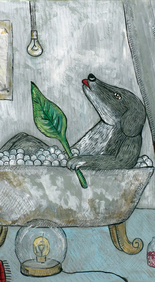 Dog in the bathroom by Elizabeth Vlasova