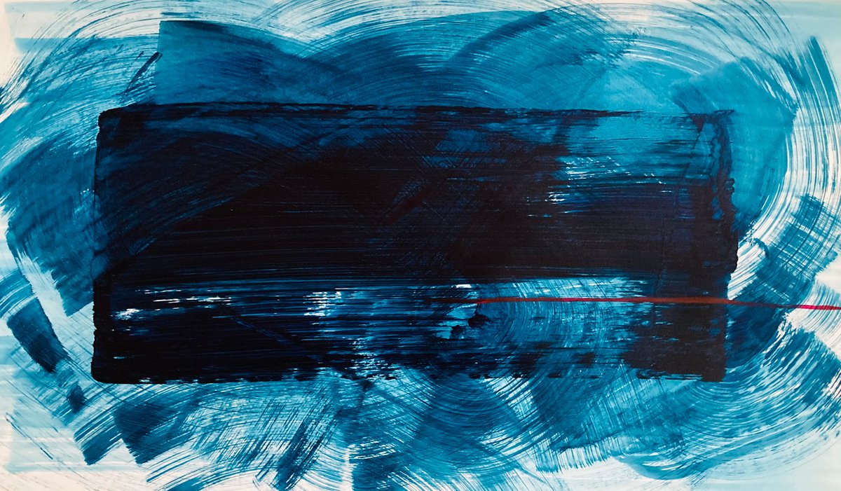 Abstract Ink Drawing By Ryoko Minamitani, 33 X 20", Indigo Space #0-1, Original Artwork