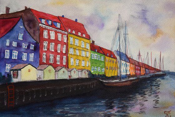 Denmark watercolor painting Harbour Nyhavn with ships in rainy Copenhagen