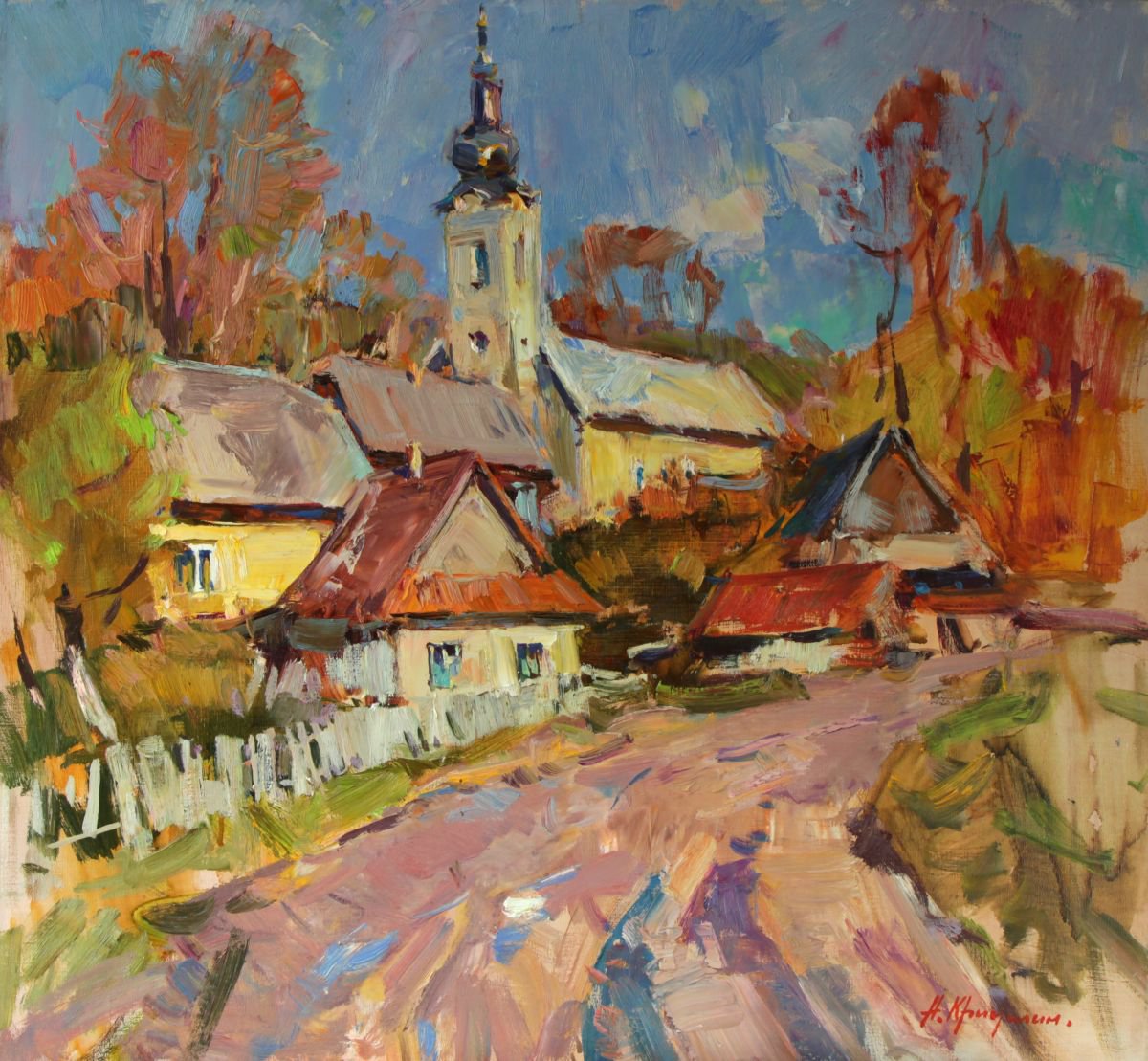 Impressionistic Landscape Oil Painting By Aleksandr Kryushyn, 28 X 26, Autumn In The Village Studene, Original Artwork