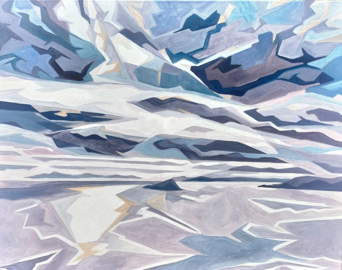 Geometric Landscape Oil Painting By Andrew Clayton, 28 X 24, Storm Over The Mew Stone, Original Artwork