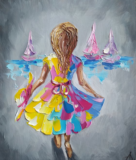 Waiting -  oil painting, love, child, sail, boat, sea, sea and beach, childhood, sea and sky, girl, seascape, children