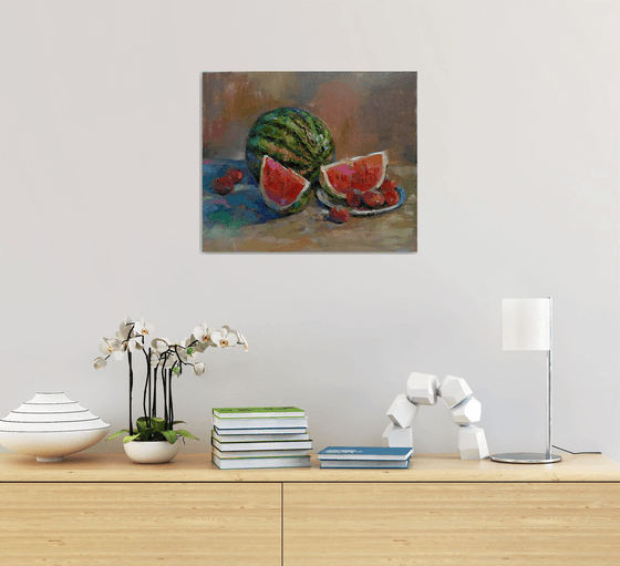 Still life - watermelon  (42x50cm, oil painting, ready to hang)