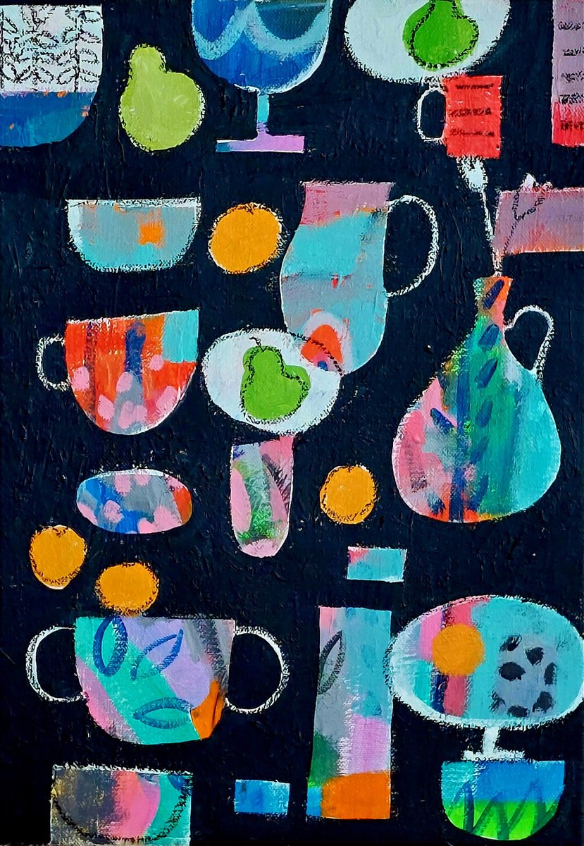 Abstract Still Life Acrylic Painting By Jan Rippingham, 12 X 17, Oranges & Pears Ii, Original Artwork